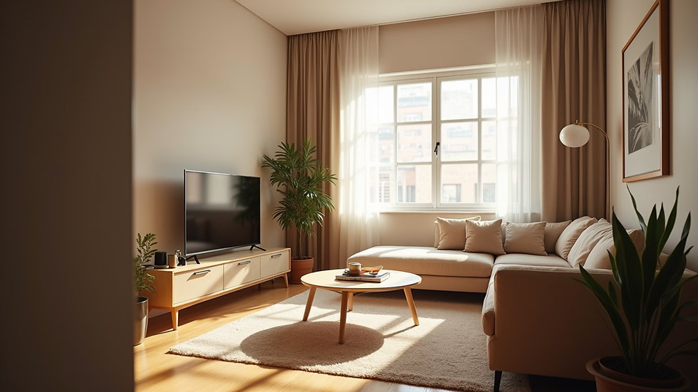 Eye-level view of a cozy living room with natural light