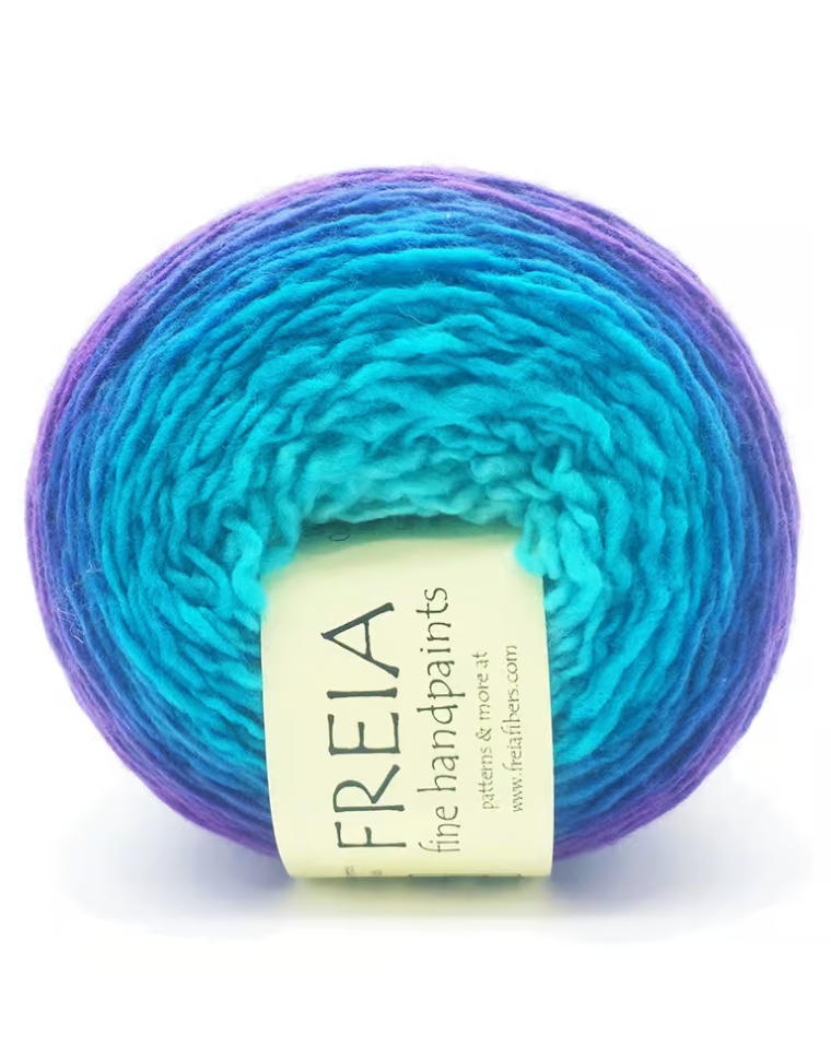 Freia fine handpaints yarn, purple to turquoise gradient