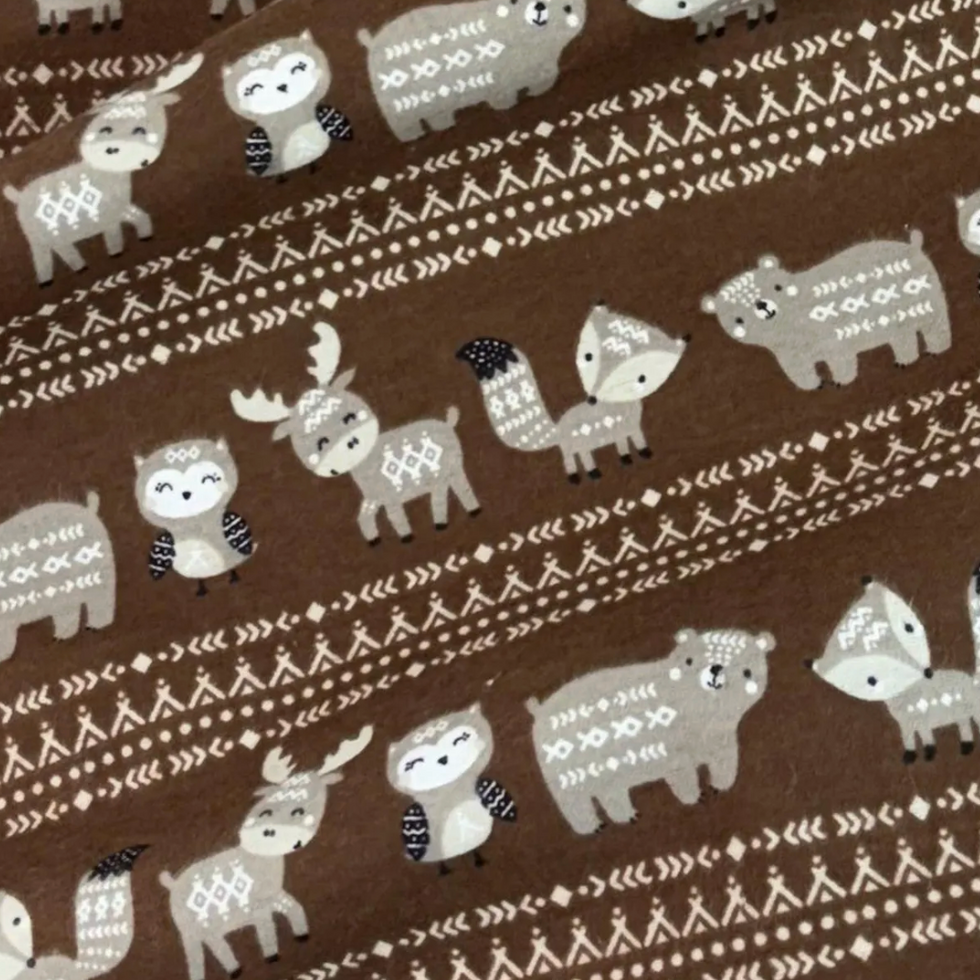 Brown pattern with stylized woodland animals and stripes