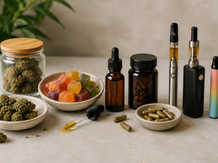 Cannabis products displayed: dried buds, gummies, oil in a dropper, capsules, vape pens. Neutral background, leaves visible.
