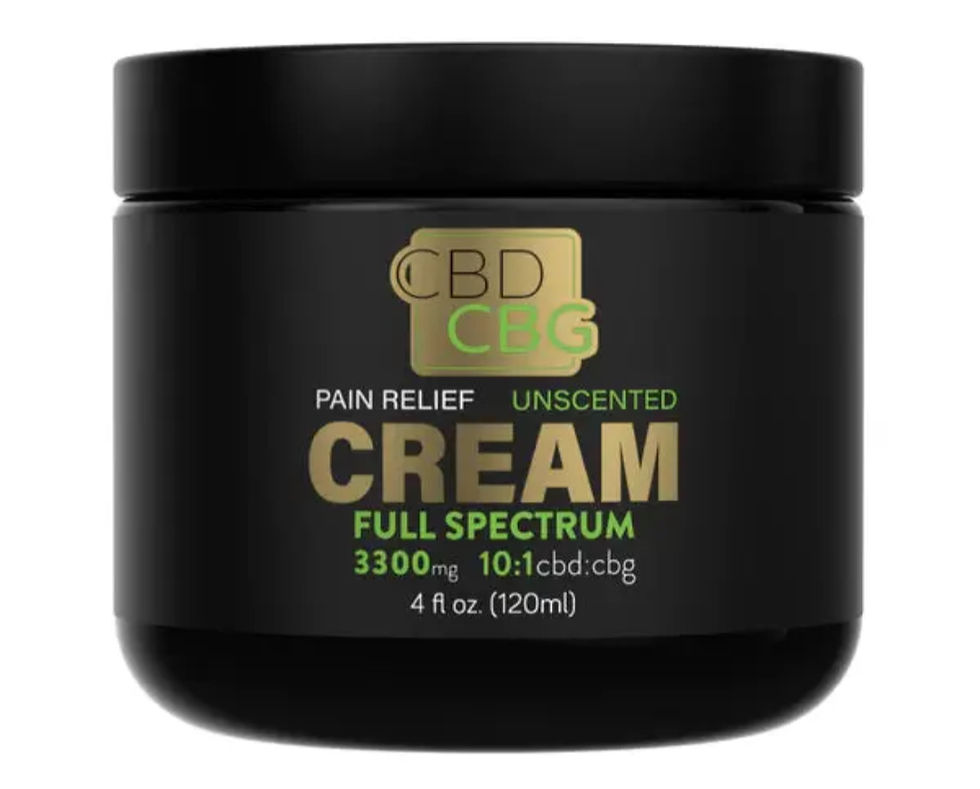 Black jar of CBD CBG pain relief cream, unscented, full spectrum, 3300mg, 4 fl oz. Label shows gold and green text on a white background.