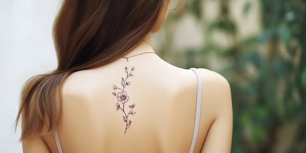 Small minimalist flower tattoo on woman's back