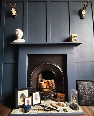 Tattoo room fireplace at The Lost Tower Tattoo