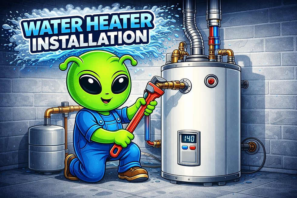 WATER HEATER INSTALLATION with cartoon alien