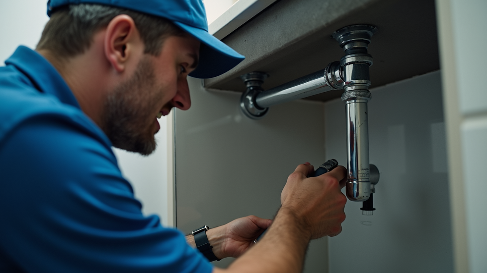 Close-up view of a plumber fixing a commercial pipe under a sink