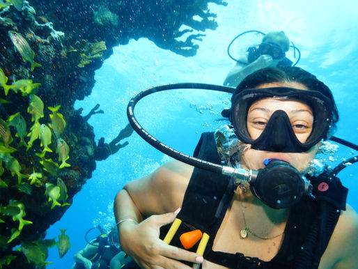 Scuba diver underwater near coral and yellow fish in clear blue sea. Another diver in background. Bright and vibrant marine scene.