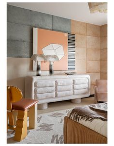 woonkamer interieur lamp dressoir fauteuil stoel kleuren retro