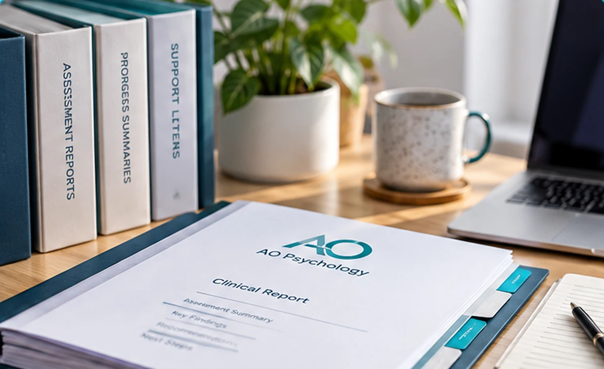 Illustrative professional reports and progress summaries on a desk; not actual client records.