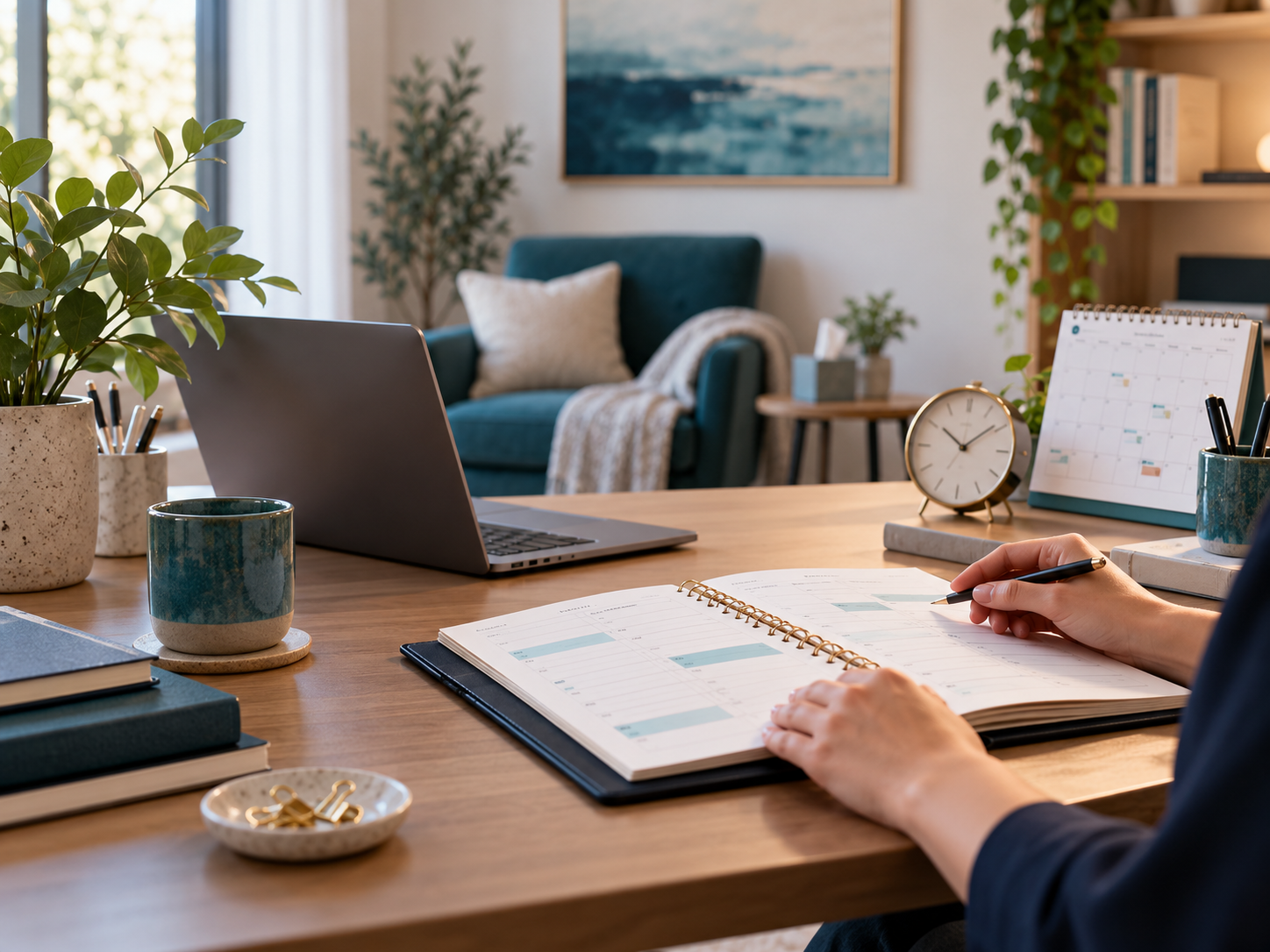 Illustrative counselling workspace with appointment planner, clock and calendar