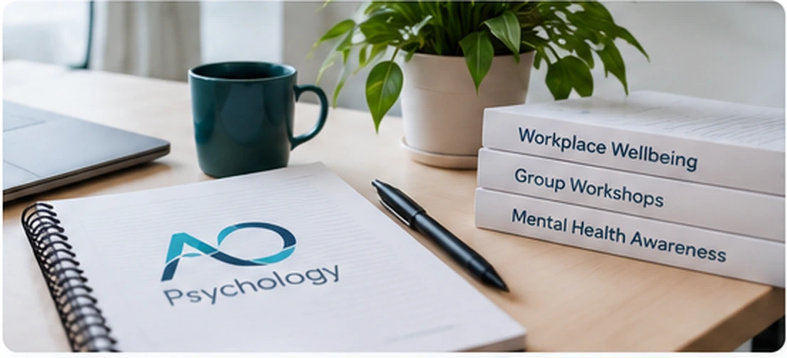 Illustrative AO Psychology-branded notebook and workplace wellbeing learning resources on a desk