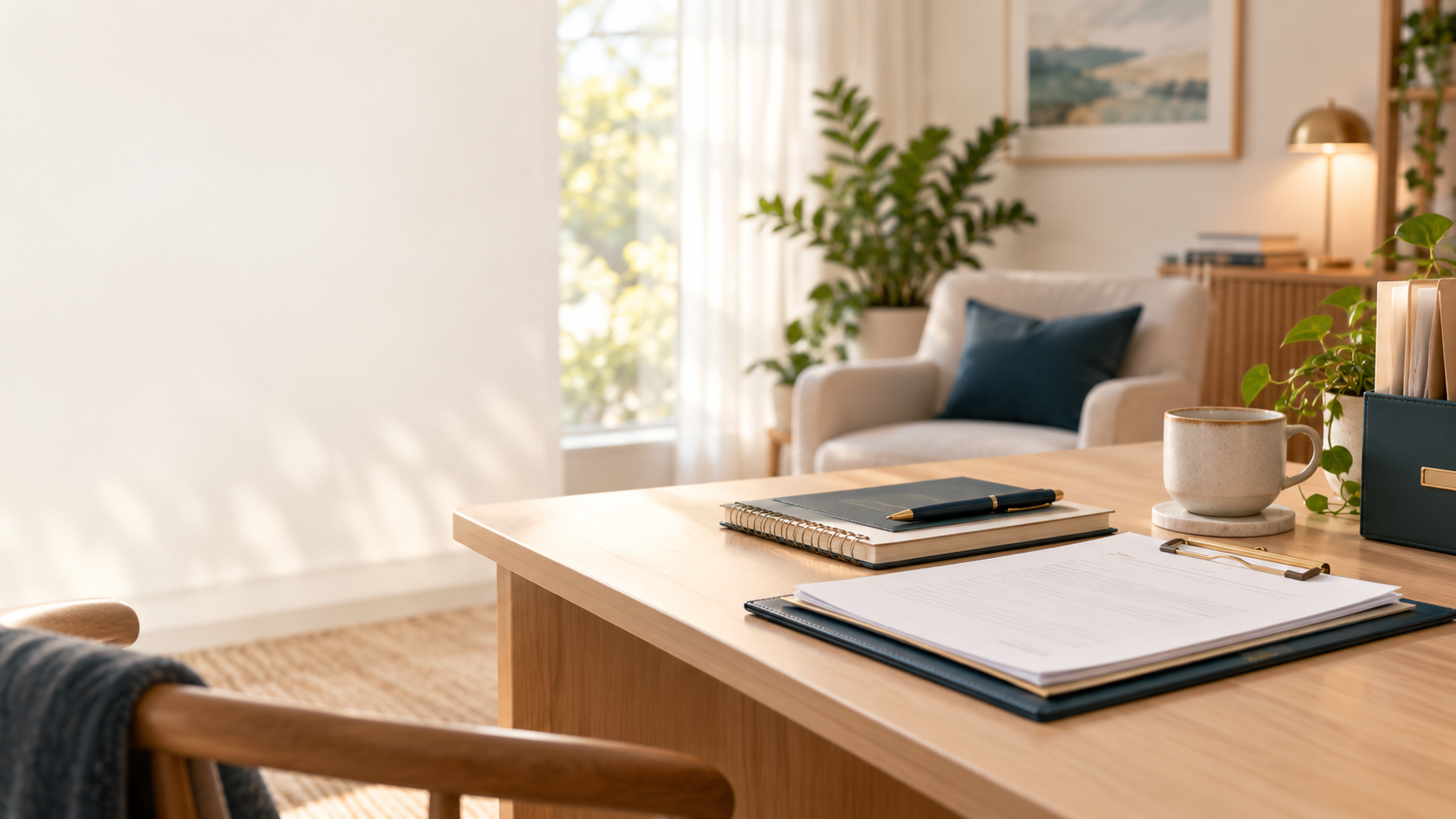 Organised documents, folders, notebook and pen in a calm professional counselling workspace
