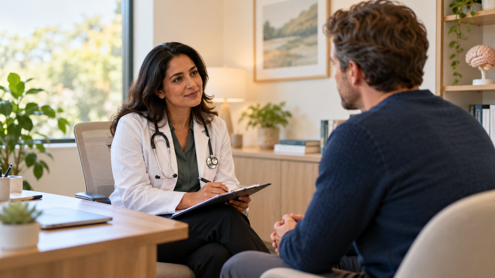Illustrative doctor speaking warmly with a patient in a bright, welcoming medical consultation room