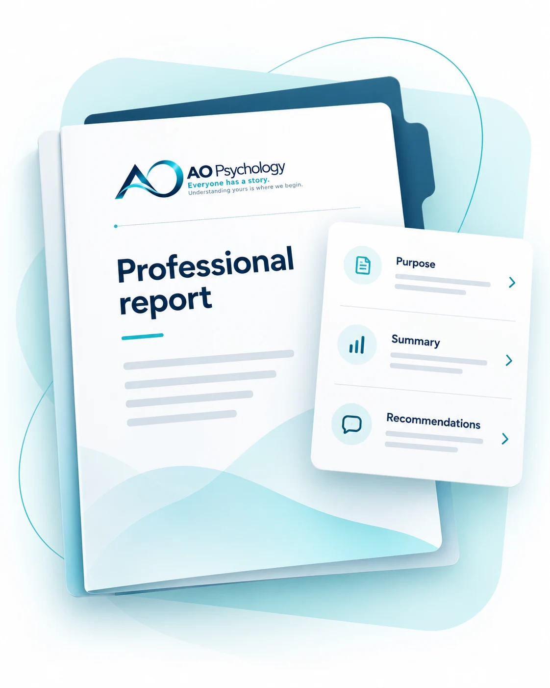 Illustrative professional report folder with summary and recommendations; not a real client report.