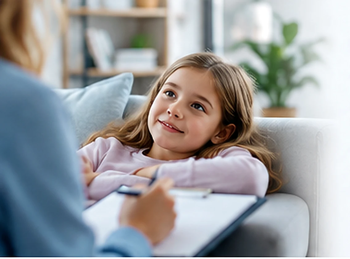 Illustrative younger child talking about feelings with a counsellor during a supportive session; not an actual client