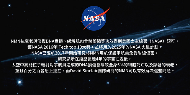 NMN獲得NASA認可 
NMN抗衰老與修復DNA受損、緩解肌肉骨骼萎縮等功效得到美國太空總署（NASA）認可，獲NASA 2016年iTech top 10大獎，並將用於2025年的NASA 火星計劃。NASA已經於2017年開始研究將NMN用於保護宇航員免受射線傷害。研究顯示在經歷長達4年的宇宙往返後，太空中高能粒子輻射對宇航員造成的DNA損傷會導致全身5%的細胞死亡以及顯著的衰老，並且百分之百會患上癌症，而David Sinclair團隊研究的NMN可以有效解决這些問題。