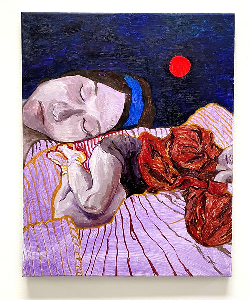 painting of girl sleeping on purple couch