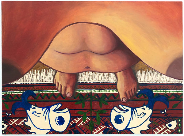 Painting of woman's body looking down with rug on the floor
