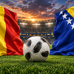 AI-generated editorial illustration of a football between Romania and Bosnia and Herzegovina flags.