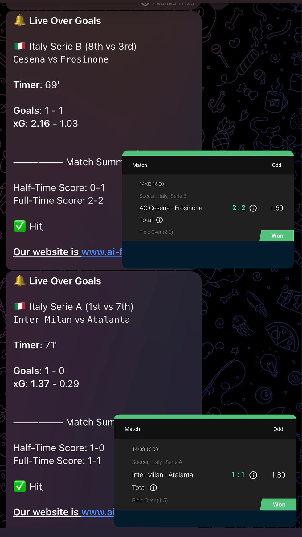 Soccer match stats for Cesena vs Frosinone and Inter Milan vs Atalanta. Scores, expected goals, and results with a dark graphic background.