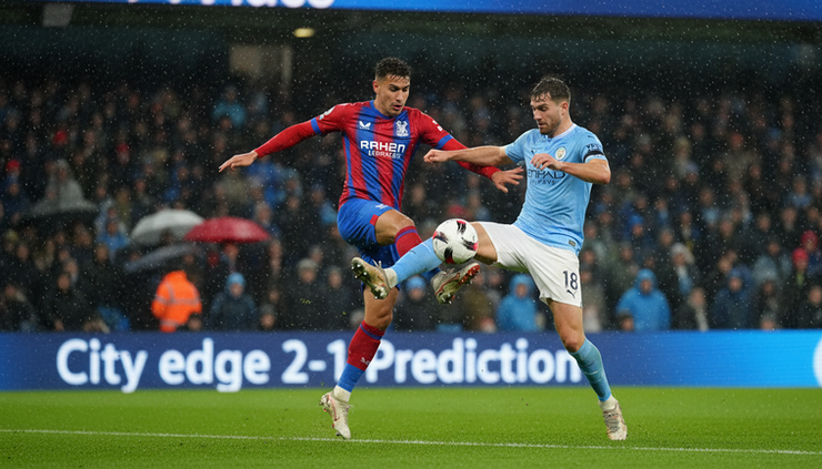 Crystal Palace vs Manchester City Prediction and Match Preview Eye-level view of two footballers challenging for the ball in a Premier League night match