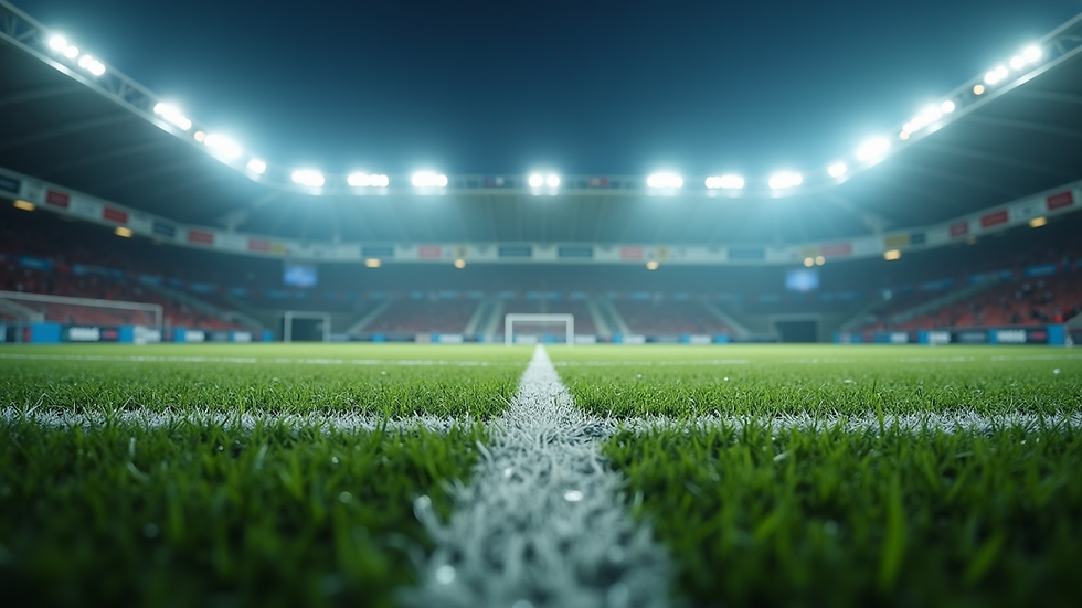 Eye-level view of a football pitch with data analytics overlay