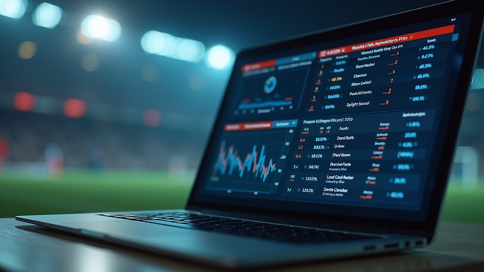 Eye-level view of a laptop screen showing football statistics and AI data