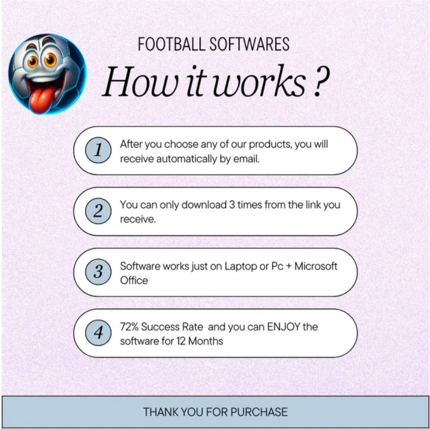 Guide for football software with a smiling emoji. Steps: Email delivery, 3 downloads, PC use with MS Office, 72% success for 12 months.