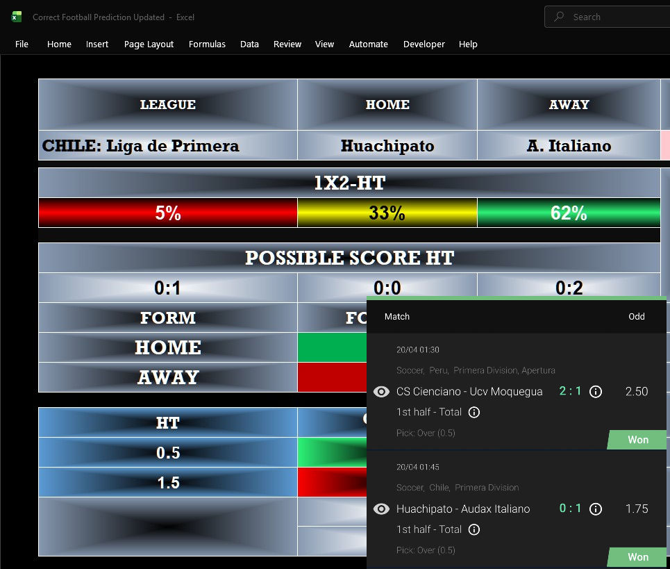 Football prediction spreadsheet with match details: Huachipato vs. A. Italiano, possible score HT 0:1 or 0:2. Color bars show win odds.