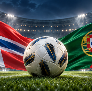 AI-generated editorial illustration of a football with Norway and Portugal flags in a floodlit stadium.