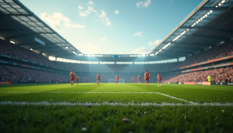 Eye-level view of a football pitch with players in action during a match