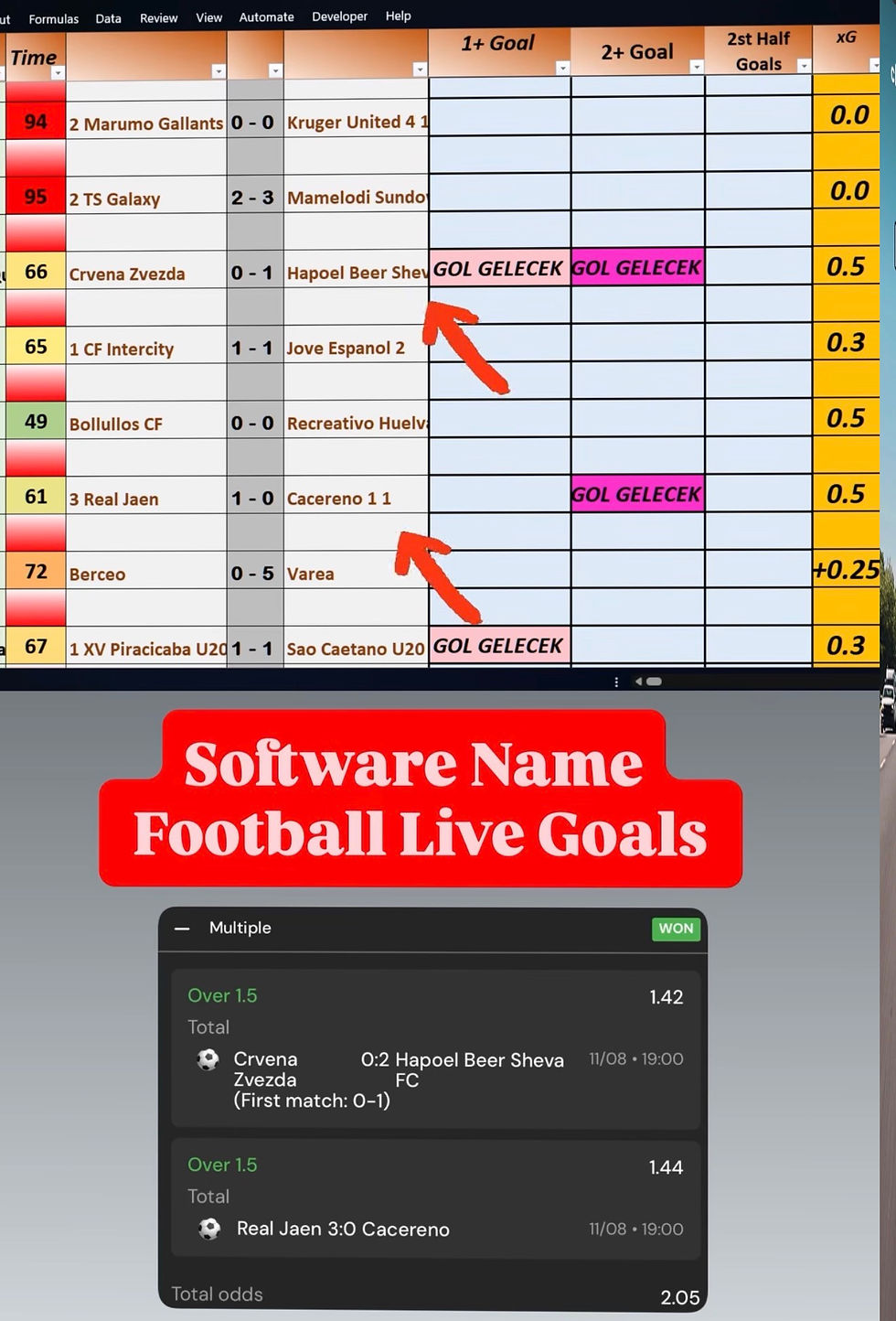 Spreadsheet of football live goals with highlighted match rows and red arrows above a betting slip labeled Software Name Football Live Goals