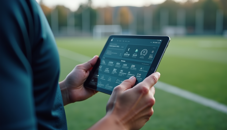Close-up view of a football player using a tablet with AI software during training