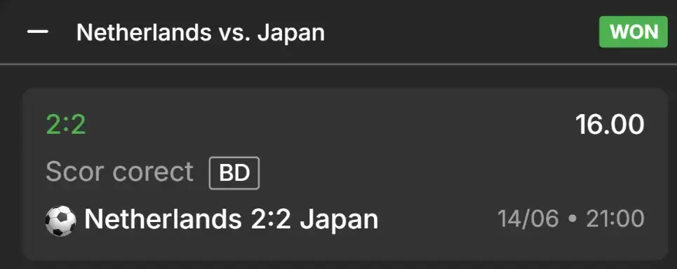 Betting app Netherlands vs Japan 2-2 correct score prediction at 16.00 odds shows Netherlands vs. Japan, won bet on correct score BD, 2:2, odds 16.00, date 14/06 21:00.