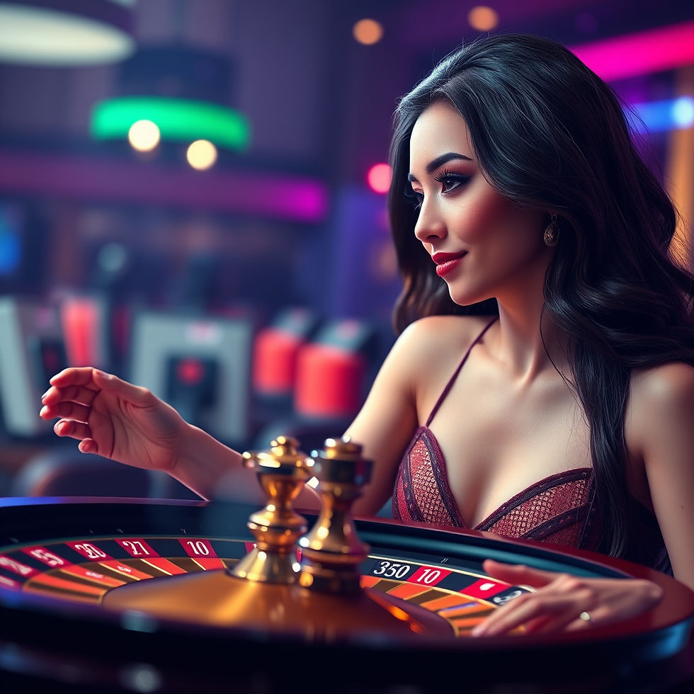 Beautiful woman playing roulette at a vibrant casino table.