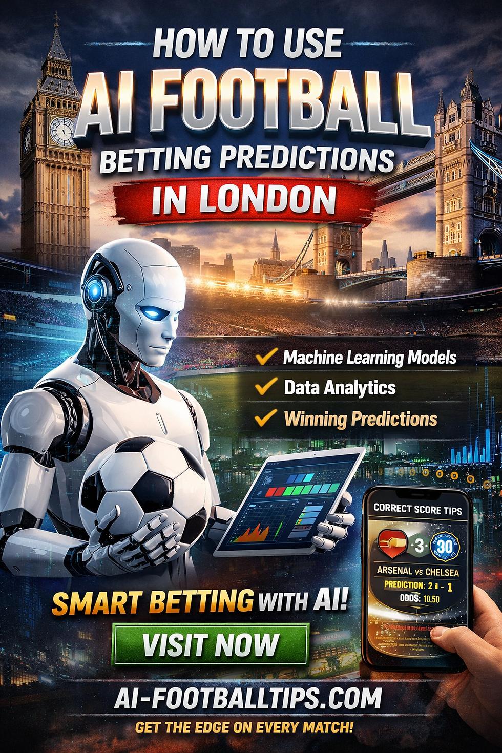 Robot holding soccer ball with tablet, promoting AI football betting in London. Big Ben, Tower Bridge backdrop. Text: AI-FOOTBALLTIPS.COM.