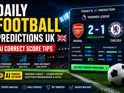 daily football predictions UK, football predictions today, correct score predictions UK, AI football prediction software, Premier League predictions, Championship tips, Scottish Premiership predictions, football betting tips UK, best football prediction site, win football bets