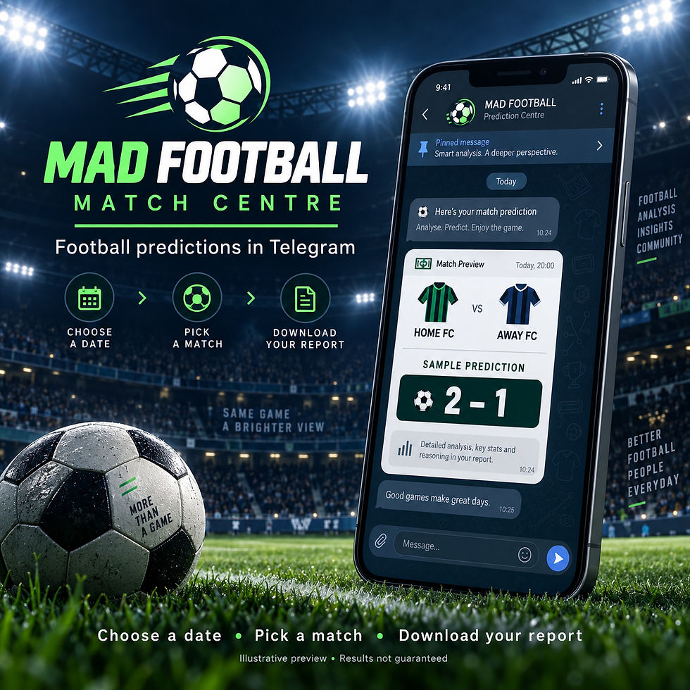MAD Football Match Centre illustration showing the Telegram choose-date, pick-a-match and download-report workflow.