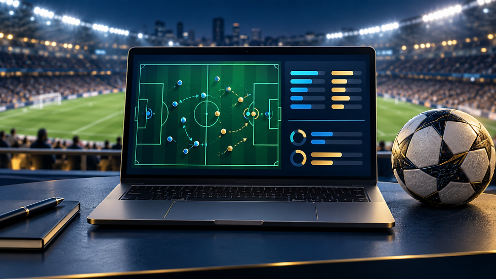 AI-generated editorial illustration of a laptop displaying abstract football analysis beside a football in a stadium.