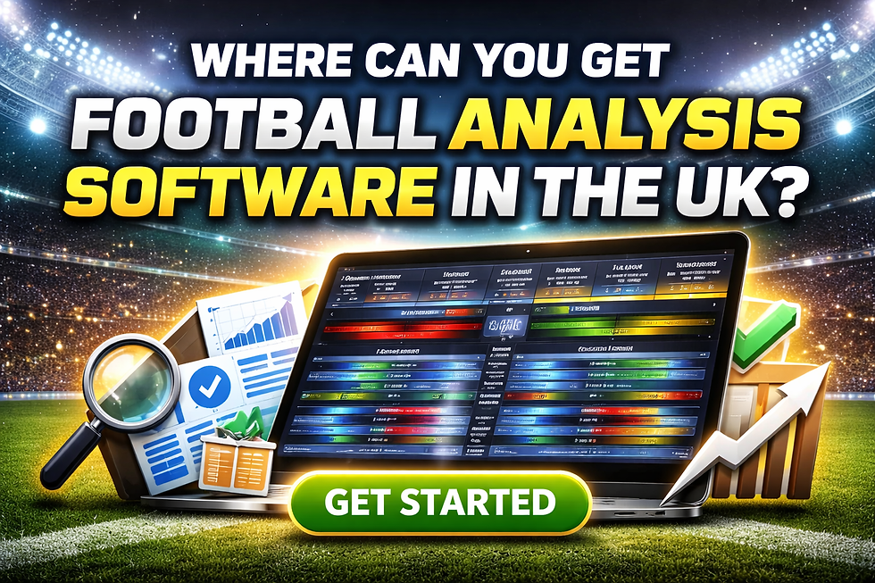 Football stadium background with text "Where can you get football analysis software in the UK?" Features charts, magnifying glass, and laptop. Mood: energetic.
