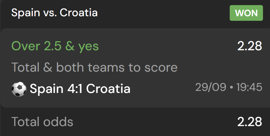 Original Spain vs Croatia record marked WON: Over 2.5 and both teams to score, displayed result 4–1 and decimal odds 2.28.