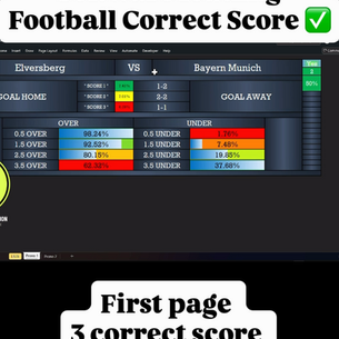AI football correct-score prediction tool showing Elversberg vs Bayern Munich with a 1-2 correct score tip and Over/Under goal probabilities