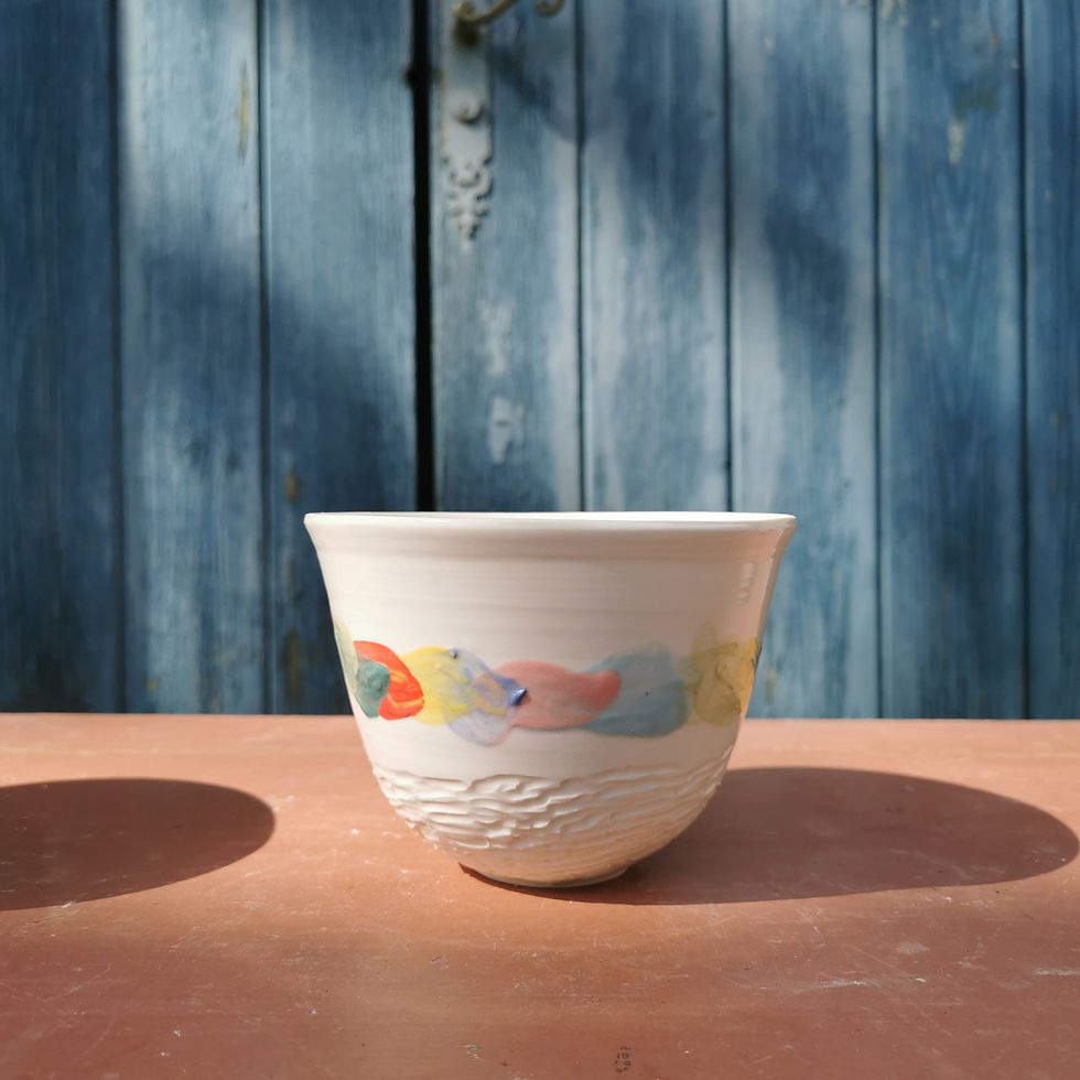 Thumbnail: Bol en porcelaine blanche au décor aux engobes multicolore. Céramique artisanale. Fait main. Made in France