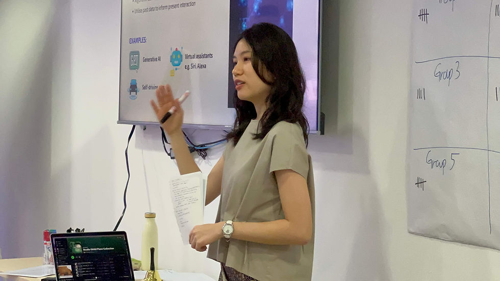 A close-up shot of a trainer teaching AI fundamentals to improve learners' AI fluency.