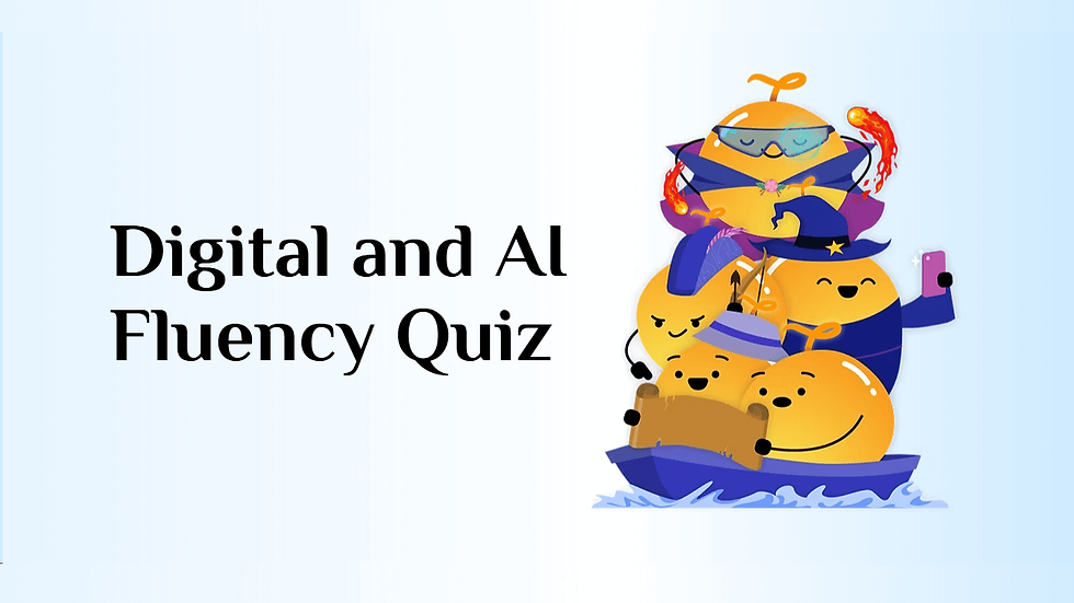 A thumbnail of DnA, Digital and AI Fluency Quiz, featuring five DnA characters steering a boat together.
