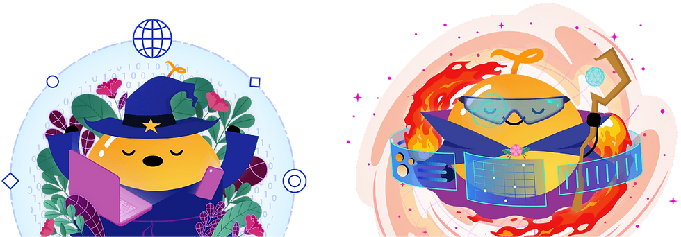 Illustration of all the DnA characters stand side by side