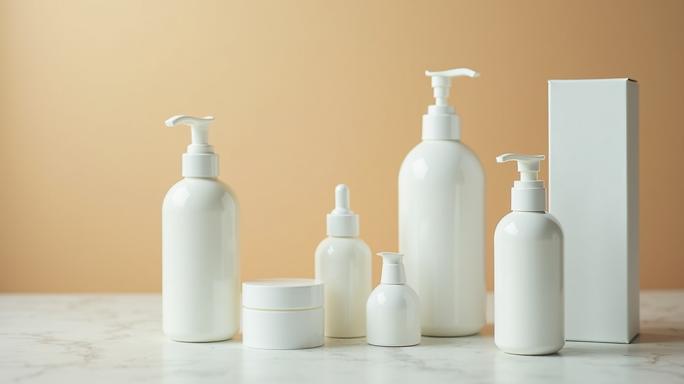 Eye-level view of cosmetic bottles with minimalist packaging