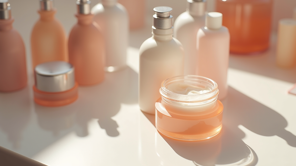 Eye-level view of skincare customization station with various serums and creams