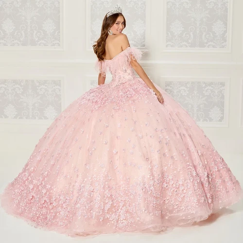 strapless open back dress Misshow Baby Pink Tulle Quinceanera Dress Off-Shoulder Glitter Tiered –  misshow.com main image 0