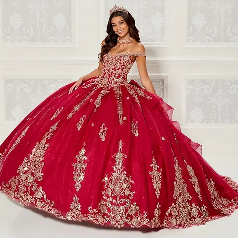 green emerald velvet dress Sparkly Red Quinceanera Dress with Bow Gold Lace Appliqued Debutante G –  Viniodress main image 0