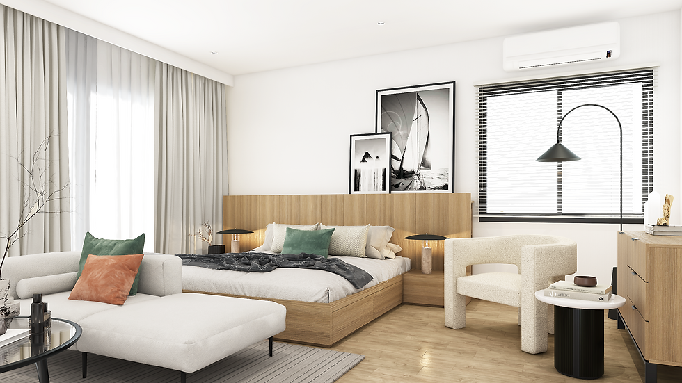 Eye-level view of modern living room with minimalist furniture